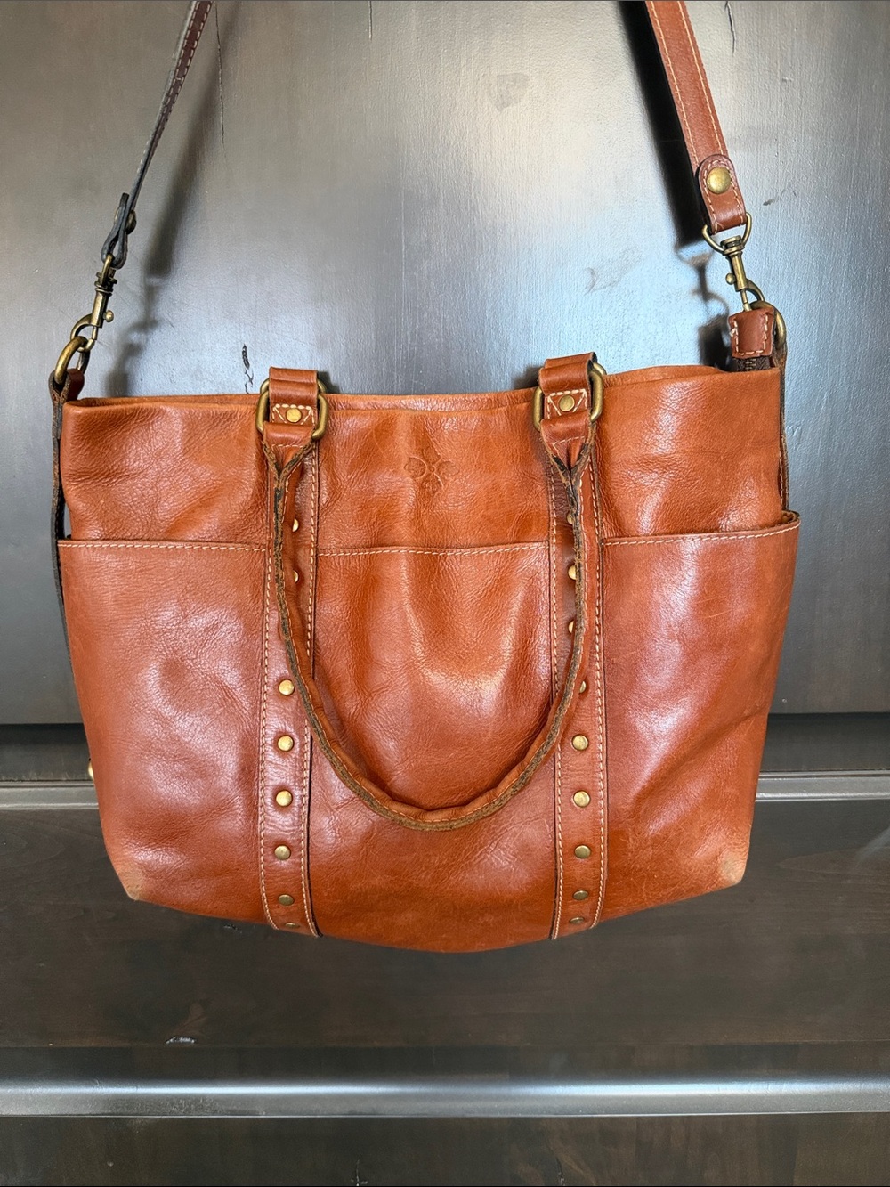 Patricia Nash Brown Leather Tote Bag with Stud Details 15” x 10.5